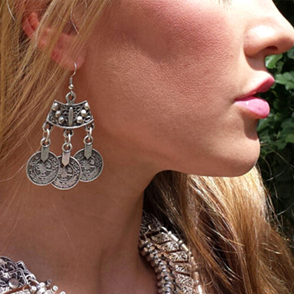 Ethnic Fashion Pakistan - Vintage Silvery 3 Coins Pendant Earrings