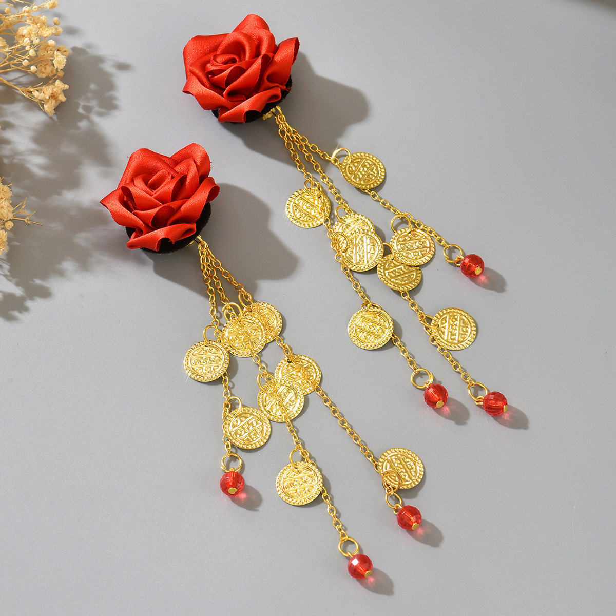 Ethnic Fashion Co In - Red Rose Fabric Clip-On Earrings -