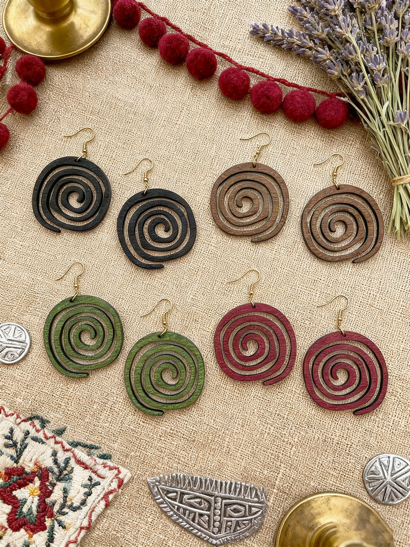 Ethnic Fashion Wear For Women - 4 Pairs/Set of Vintage-Style Wooden Geometric